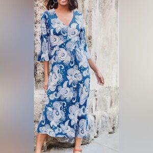 Boden Louisa Jersey Blue Paisley Cotton Midi Dress Sz 8R Kimono Sleeve Wrap Tie